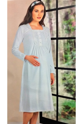 önden düğmeli loğusa gecelik Mavi