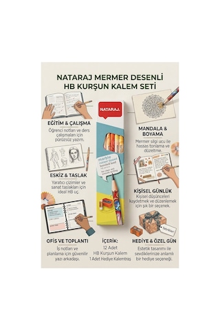 Kurşun Kalem Hb 1 Düzine Kalemtraş Silgi Hediyeli Nataraj Kurşun Kalem Mermer Desen 1 Düzine Çok Renkli