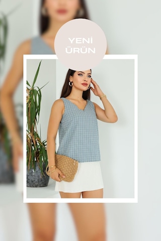 Lupinn Moda Kadın Turkuaz Beyaz Ekose Desenli V Yaka Arkası Çapraz Askılı Kolsuz Bluz Yeşil