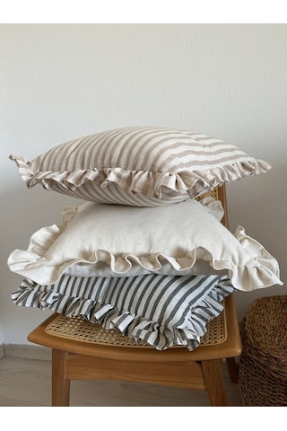 Yıkanmış Keten Bej Çizgili Bohem Fırfırlı Kırlent Kılıfı - Gri