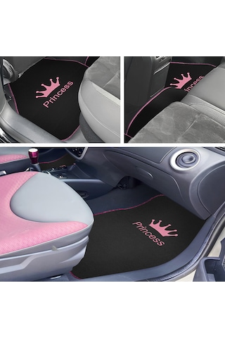 Prenses Gibi Arabana Hava Kat Taç Desenli Pembe Nakışlı 5 Li Oto Halı Paspas Seti