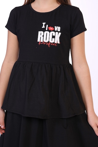 Toontoy Kız Çocuk I Love Rock Baskılı Elbise Siyah