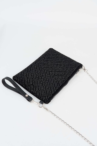 Vivaq Kadın V Desen Siyah Taşlı Süet Bilek Askılı Ve Zincir Askılı Portföy El Ve Clutch Çanta SİYAH