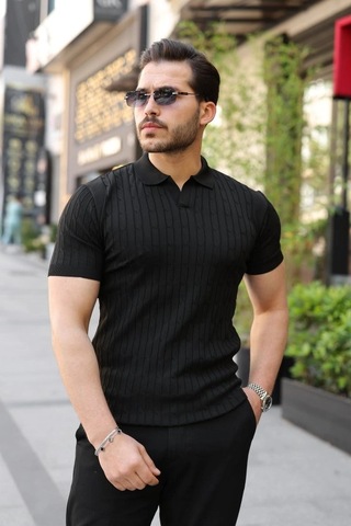 Defymoda Erkek Örgü Desen Yakalı Kısa Kollu Triko Tişört Siyah