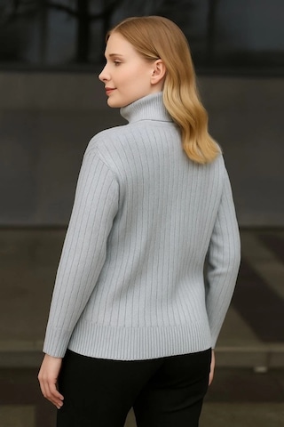 Balıkcı Yaka Bağazlı Triko Kazak Pamuklu Kalın Fitilli Dokuma - Gri Gri
