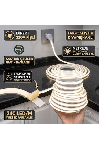 220v Fişli Günışığı 4000k Kendinden Yapışkanlı 3m Neon Cob Led Mutfak Tezgah Altı Aydınlatma - Trafosuz Tak Çalıştır Gün Işığı