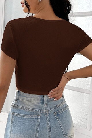 Angbutik Kadın Kahverengi Yarım Kol Düz Yaka Crop Top Bluz