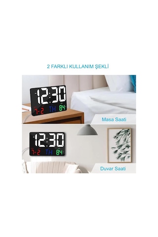 Alfalink Dijital Duvar Saati Renkli Uzaktan Kumandalı Hd Led Ekran Tarih Gün Sıcaklık Alarm Usb Dekoratif Siyah