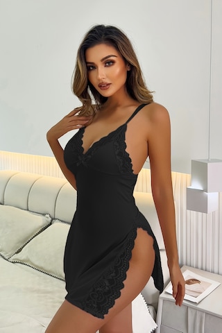 Merry See Dantelli Yanlardan Derin Yırtmaçlı Gecelik Siyah