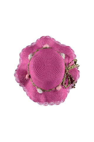 Kız Çocuk Hasır Fötr Şapka Şık Tasarım Çiçekli Model 4/8 Yaş Fuşya