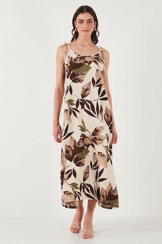 Lela Desenli Oversize Fit Bağlamalı Ip Askılı Yuvarlak Yaka Midi Boy Bayan Elbise 5869022 Camel
