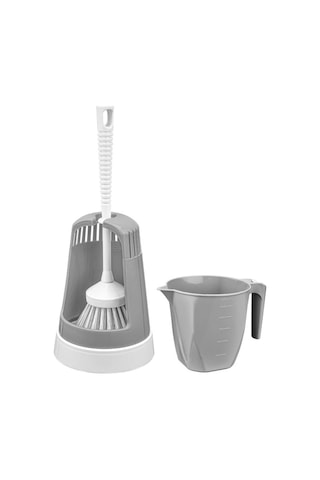 3 Lü Wc Tuvalet Temzilk Seti, Klasik Wc Fırça Takımı + Maşrapa 1,5 Lt + Sessiz Wc Kapağı Seti Gri Gri