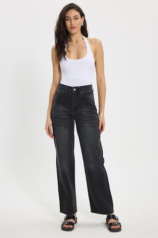Tudors Kadın Relax Fit Rahat Kesim %100 Pamuk Cepli Geniş Paça Siyah Jean Kot Pantolon-50732