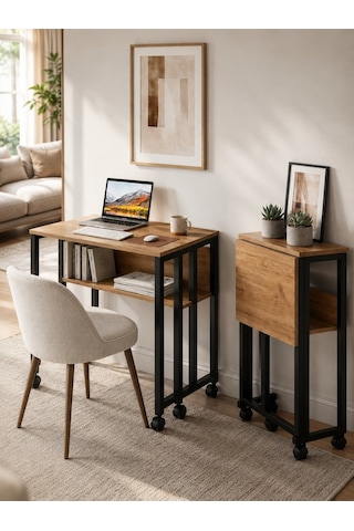 Sidney Kitaplık Raflı Katlanır Masa 70 Cm Tekerli Bilgisayar Masası Laptop Masası Siyah - Çam