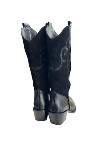 Tufan Shoes Siyah Hakiki Deri Ve Süet İşleme Detaylı Western Çizme Siyah