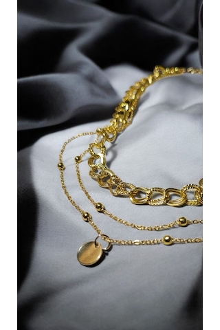 Altın Renk Üç Katlı Zincir Kolye Kalın Choker & İnce Zincir & M Gold