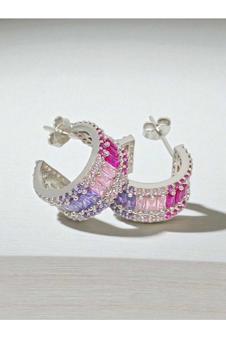 925 Ayar Gümüş Renk Geçişli Baget Taşlı Halka Küpe Çivi Model Gümüş