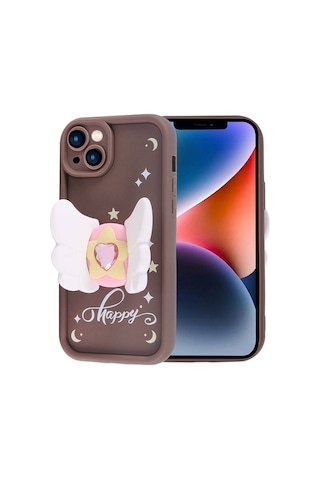 Apple Uyumlu iPhone 14 Kılıf Kamera Korumalı Figür Tasarımlı Zore Kapya Kapak Koyu Kahve