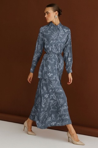 Mizalle Mavi Desenli Evaze Uzun Saten Etek Mavi