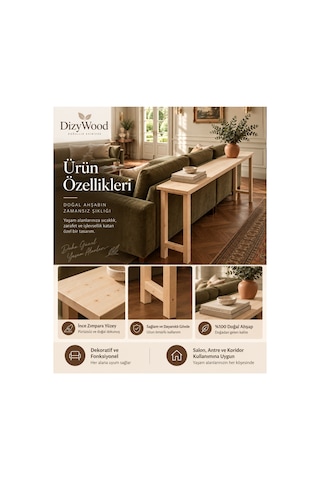 Doğal Ahşap Koltuk Arkası Konsol Sehpa 180x30x80 Cm Masif Çam Dresuar