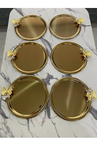 6'li Kelebekli Yuvarlak Gold Sunum Tepsisi Dekoratif Servis Tepsisi Çay, Kahve 22 Cm