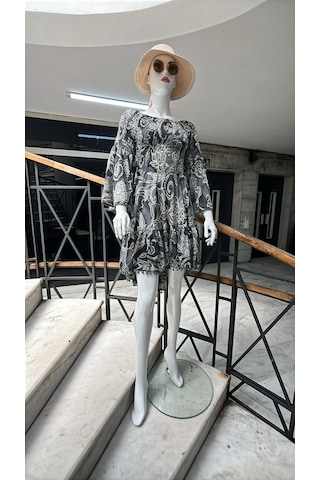 Eren Style Yapraklı Desenli Madonna Yaka İpek Elbise-10348 Gri
