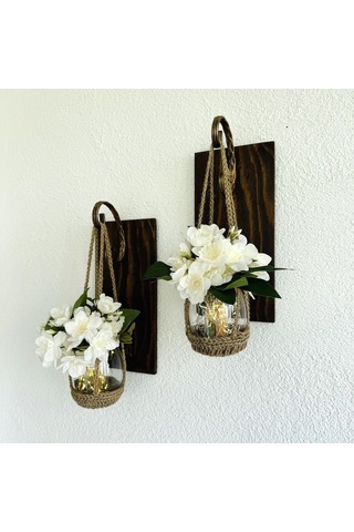 Duvar Dekoru, Led Işıklı, Beyaz Yasemin Çiçekli, Ceviz Aplik İkili Set