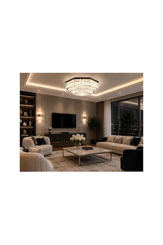 Modern Kristal Plafonyer Taşlı Avize Led Altıgen 3 Renk Krom Salon Oturma Odası Lüks Tavan Aydınlatma Gümüş