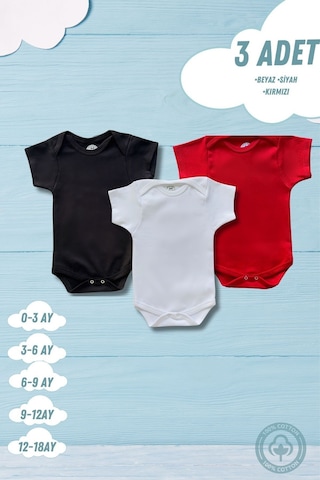 Betül Bebek Kısa Kollu 3'lü Organik Pamuk Çıtçıtlı Bebek Body&zıbın Siyah,beyaz,kırmızı Çok Renkli