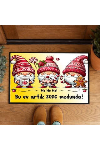 Noel Cüceleri Yılbaşı Tasarımlı Kapı Önü Paspası 60x40 Cm Paspas Çok Renkli