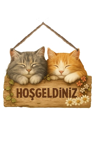 Kapı Süsü Ahşap "hoşgeldiniz" Yazılı Retro - Sevimli Kediler