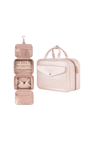 Sones Pu Büyük Kapasiteli Su Geçirmez Taşınabilir Tuvalet Kozmetik Çantası Seyahat Saklama Çantası Pembe