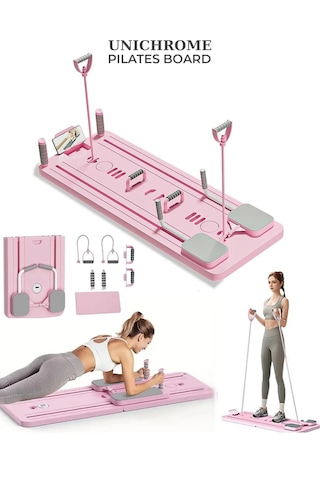 Pilates Aleti Zamanlayıcılı, Direnç Bantlı Çok Amaçlı Egzersiz Tahtası Telefon Tutacaklı Açık Pembe