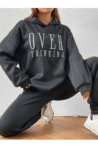 Over Thinking Eşofman Takımı Sweatshirt Jogger -füme Baskılı Oversize Şardonlu Kapüşonlu Lastik Paç Füme