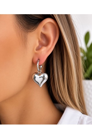 Cm Jewelry Kalp Detaylı Gümüş Renk Çelik Küpe