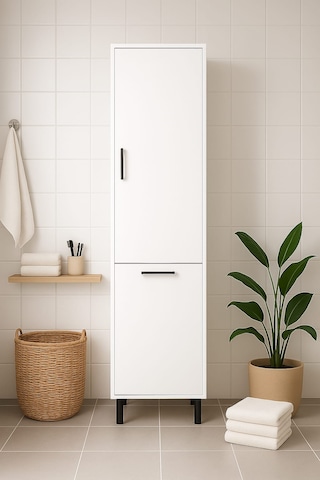 Çamaşır Sepetli Banyo Dolabı Beyaz