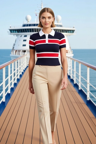 Benerly Kadın Bluz Polo Yaka Kısa Kol Triko İnce Fitilli Desenli Fitted K Ekru