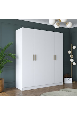 Rani Ba156 Geniş Gardırop Elbise Dolabı 4 Kapaklı 5 Raflı 2 Askılı Modüler Dolap Beyaz