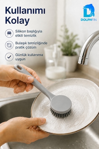 Silikon Başlıklı Bulaşık Ve Lavabo Temizleme Fırçası 22 Cm Gri