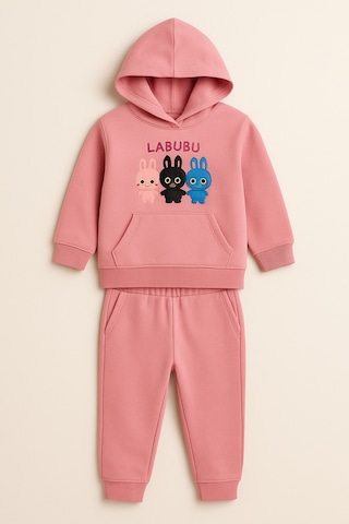 Esila Kids Kız Çocuk Eşofman Takımı Labubu Takım Kapüşonlu Baskılı Sweatshirt Ve Pantolon Gül Kurusu