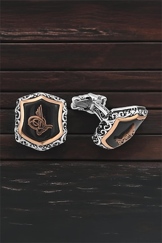 Gümüş Siyah Onix Taşlı Osmanlı Tuğralı Kol Düğmesi -5711 Gümüş
