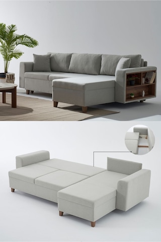 Rengar Köşe Takımı & Yataklı Bazalı Keten Kumaş Köşe Koltuk Takımı - Gri