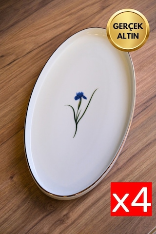 Tabak Evi Porselen Natura İris Altın Yaldızlı Dik Yanaklı Kayık 32,50x17x2,50cm 4 Lü Çok Renkli