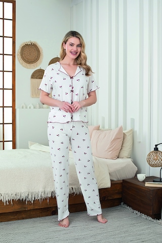 SUDE HOMEWEAR Kadın Örme Kumaş Cherry Pattern Kısa Kol Pijama Takımı Beyaz