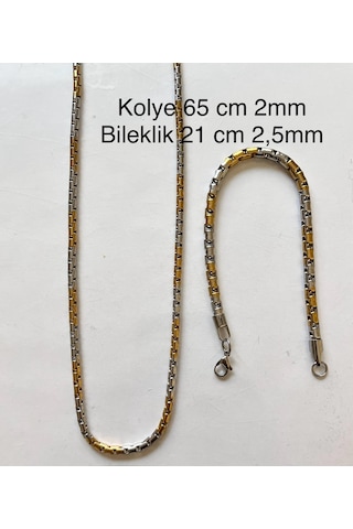 Gold&gümüş Mixli 1.sınıf Örme Çelik Unisex Kolye Ve Bileklik Set