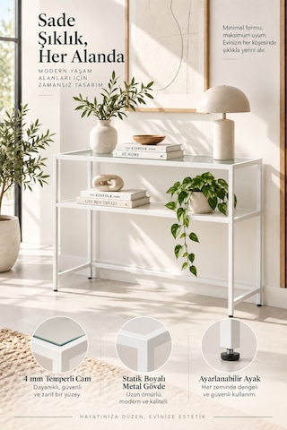 Modern 2 Katlı Beyaz Renk Metal İskeletli Cam Raflı Dresuar Konsol Modern 2 Katlı Beyaz Renk Metal İskeletli Cam Raflı Dresuar Konsol
