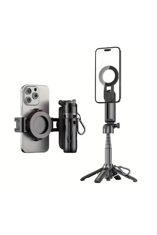 P15 Mini C Magesafe Uyumlu Selfie Çubuğu Tripod Bluetooth Uzaktan Kumandalı 360' Dönebilen Çok Amaçlı Tripod Siyah