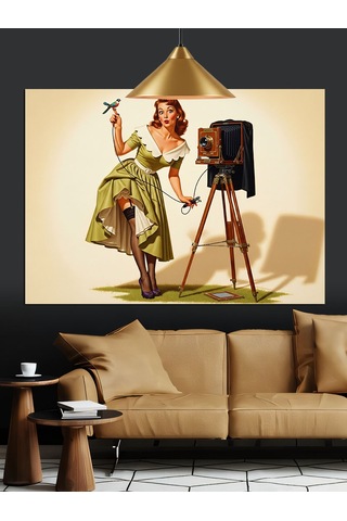 Vintage Fotoğrafçı Kadın Kamera Dekoratif Kanvas - Mdf Ahşap Tablo