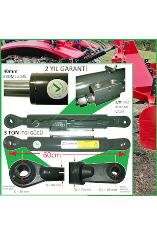 3 Ton - 60cm Traktör Ortakol, Hıdrolik Silider - 19mm Silinder Kafa, 3 Ton - 60cm Toplift Hydraulic Cylinder - 19mm Cylinder Head