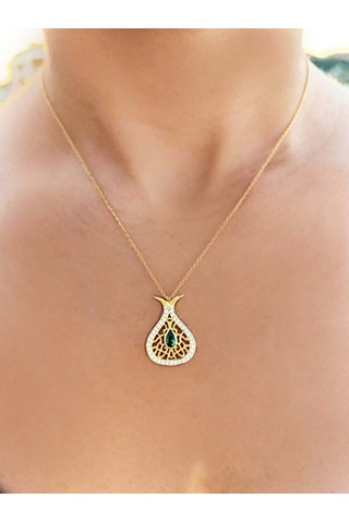 Brezza Lusso Jewelry Yeşil Zirkon Taşlı Damla Kadın Gümüş Kolye Altın Kaplama 45 CM